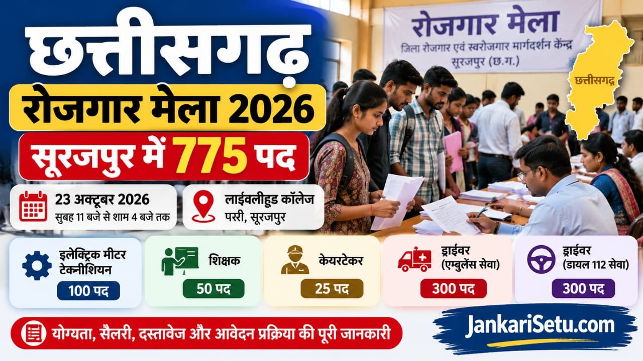 छत्तीसगढ़ रोजगार मेला 2026: सूरजपुर में 775 पदों पर भर्ती, योग्यता, सैलरी और आवेदन प्रक्रिया